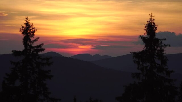 Beautiful sunset sky with mountains silhouettes and two tall pines in foreground