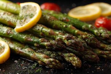 Grilled asparagus with lemon slices and cherry tomatoes on a dark background showcasing fresh ingredients for a healthy meal preparation