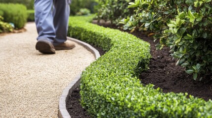 Hispanic landscaper planting shrubs along a garden path. Featuring landscaping and garden design