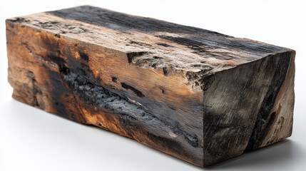 Une bûche de bois de coupe carrée en partie brûlée, isolée sur fond blanc
