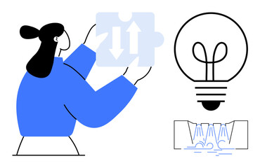 Woman placing puzzle piece with arrows, symbolizing connection or exchange, next to light bulb. Ideal for innovation, problem-solving, creativity, teamwork, collaboration, brainstorming flat simple