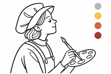 Coloring Pages, a thoughtful artist with a paintbrush and palette, colorless, uncolored, black and white