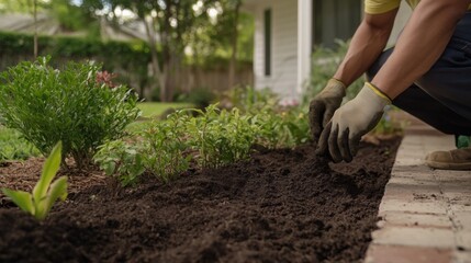 Hispanic landscaper planting shrubs in a front yard. Featuring garden planting and outdoor work