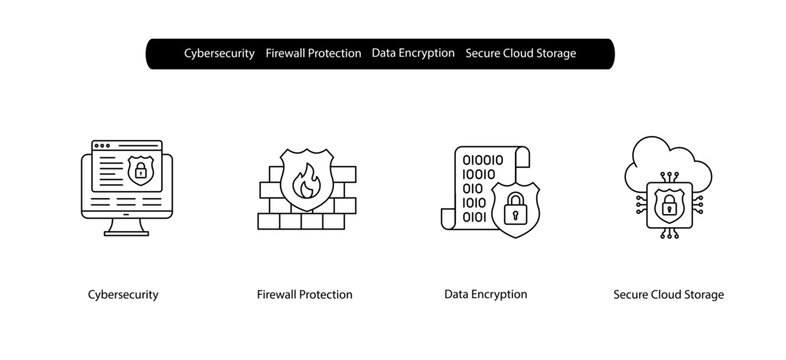 Cybersecurity Cloud and Firewall Protection Icons for Encrypted Data Storage