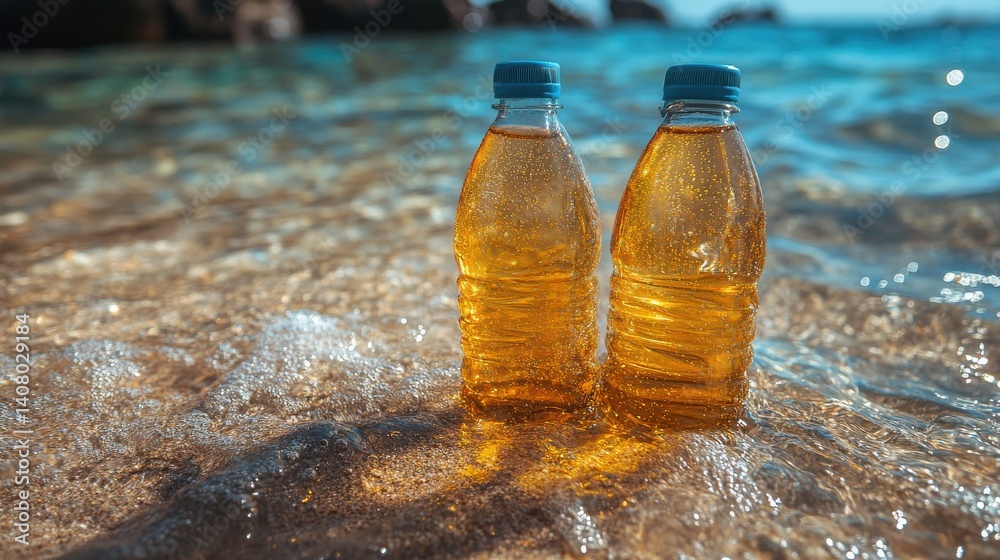 Poster plastic bottles floating in clear ocean water demonstrate pollution levels