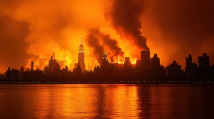 Obraz premium Apocalyptic city skyline at dusk with burning towers and rising smoke in dramatic orange glow - fictional attack against a modern urban metropolis