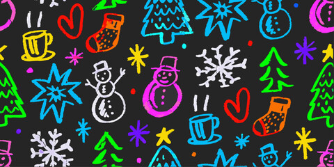 A playful, colorful kid crayon chalk doodle illustration on a black background. Chalk star, heart, flower color, cute element background. Vector illustration