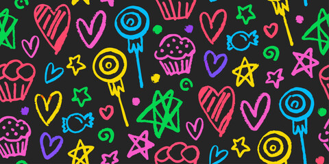 A playful, colorful kid crayon chalk doodle illustration on a black background. Chalk star, heart, flower color, cute element background. Vector illustration