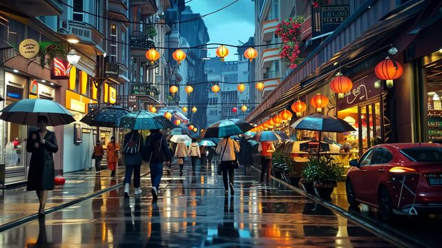 Busy street, people with umbrellas, rain-soaked cafes, warm coffee shop lights, hyperrealistic 4K photo. --ar 5:3 Job ID: 1afdee61-ed7a-4ebc-b599-32e65bf4c53b