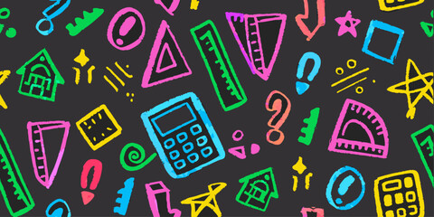 A playful, colorful kid crayon chalk doodle illustration on a black background. Chalk star, heart, flower color, cute element background. Vector illustration