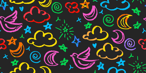 Naklejka premium A playful, colorful kid crayon chalk doodle illustration on a black background. Chalk star, heart, flower color, cute element background. Vector illustration