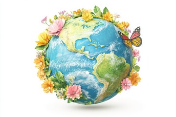 A colorful flowery globe with a butterfly on it. The globe is surrounded by flowers and butterflies, giving it a vibrant and lively appearance. Concept of harmony and beauty