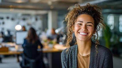 Smiling professional woman. Close-up of happy, confident businesswoman in a modern open office. Positive workplace vibe.