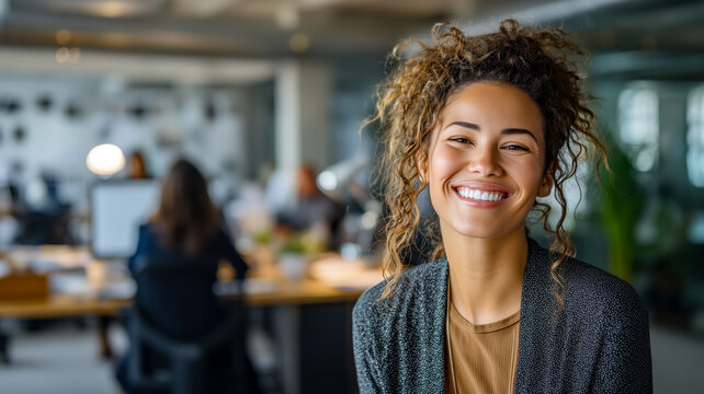 Smiling professional woman. Close-up of happy, confident businesswoman in a modern open office. Positive workplace vibe.