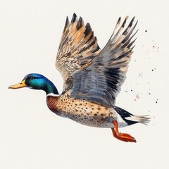 Obraz premium Duck in Mid-Flight Watercolor Painting on White Background