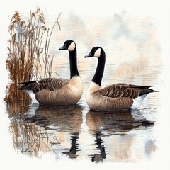 Obraz premium Canadian Geese Watercolor Painting Serene Pond Reeds Nature Art