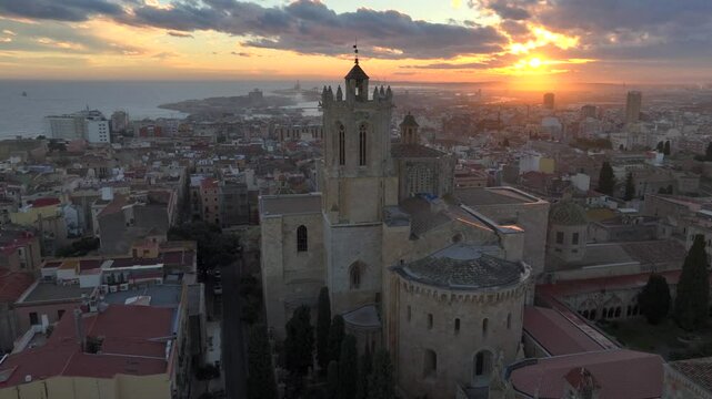 Catedral de Tarragona, Aerial view at Sunset Time with dramatic sky. Coastal City of Tarragona, Catalonia, Spain. 