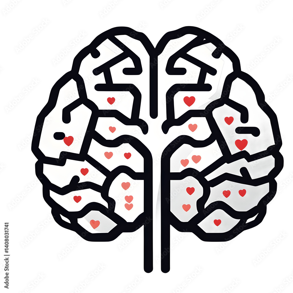 Poster modern design icon of a brain with a heart symbolising mental health support, isolated on a empty pl