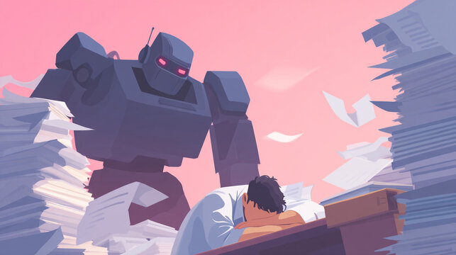 Robot automation taking over human jobs concept illustration ai replacing workers and burnout at work