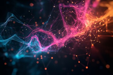 digital abstract data visualization with colorful, flowing lines and connected nodes, set against a dark, minimalist background with space for text