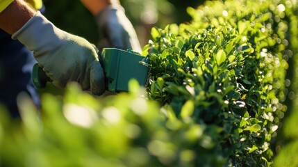 Hispanic landscaper trimming a hedge in a backyard. Featuring landscaping and garden maintenance
