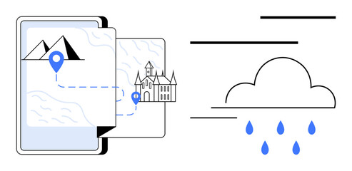Smartphone map with location pin, route, and landmarks paired with rain cloud and droplets. Ideal for travel, navigation, weather updates, tourism, planning exploration digital tools. Flat simple