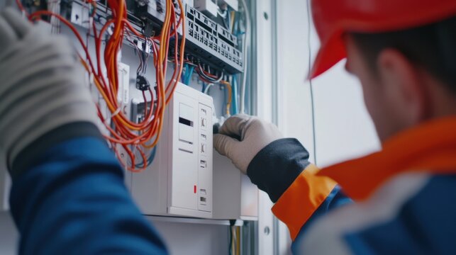Electrician installing a security system at a commercial property. Featuring expertise and technical precision