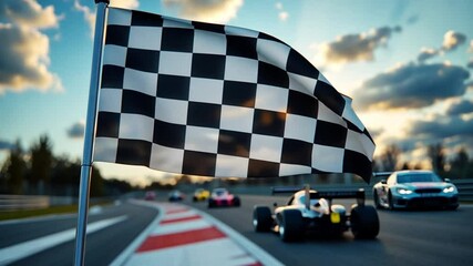 Checkered flag waving at a vibrant racetrack with colorful racing cars speeding by