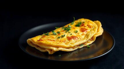 Fluffy Golden Omelet with Herbs &ndash; Studio Shot on Black Background