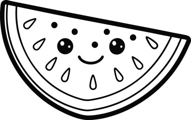 Cute Watermelon Slice with Smiling Face – Line Art Icon, Smiling Watermelon Slice Line Drawing – Adorable Fruit Outline, Happy Watermelon Slice, Kawaii Watermelon Slice Icon.