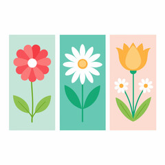 vector illustration of a set of flowers. Cute flower cards or poster design. Set of beautiful spring flower card.
