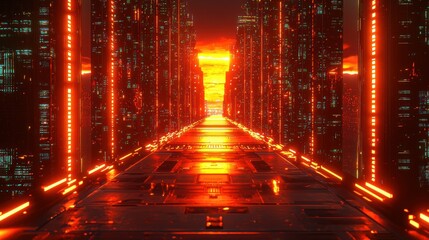 Futuristic city alleyway glowing with vibrant red light, leading towards a fiery sunset