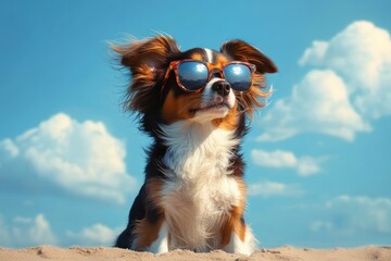 cool chihuahua dog wearing sunglasses on a beach enjoying summer fun