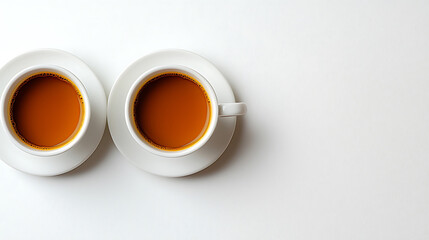 Two white cups of coffee on saucers side by side on a bright clean white surface.