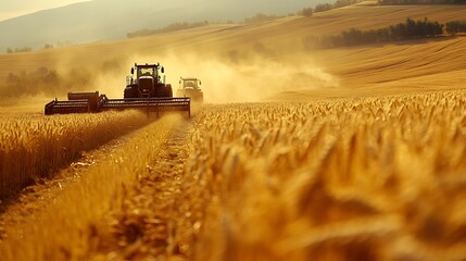 Fototapeta premium Tractor Harvesting Wheat at Sunset, A red tractor harvesting wheat in a golden field at sunset, creating a dusty atmosphere
