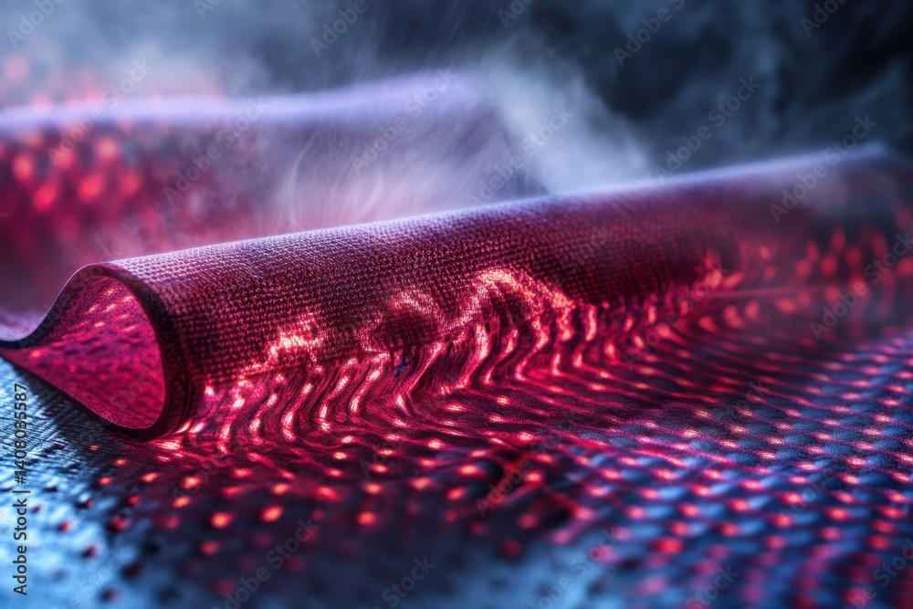 Poster abstract display of fabric with luminous patterns and steam effects in a creative composition