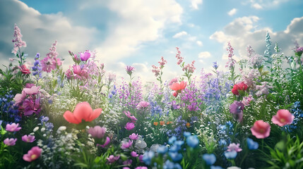 Vibrant meadow bursting with colorful wildflowers under a sun-drenched sky.