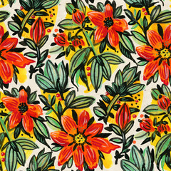 Seamless pattern with  flowers. Gouache drawing.  Hand-drawn illustration.