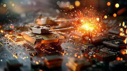 Fototapeta premium Toy tanks wage war on a computer circuit board sparks fly as technology meets military power.