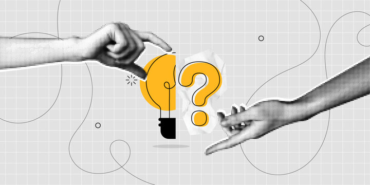 Trendy Halftone Collage Problem solving concept. Two hands hold lightbulb and question mark. Business solution. Creative mind or brainstorm. Ask for reply. Contemporary vector illustration art