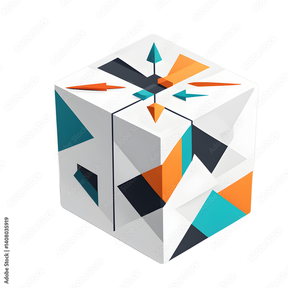 Poster Modern design icon of a cube with arrows symbolising 3D technology, isolated on a empty plain background