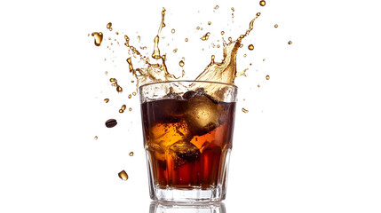 A glass of soda with ice cubes in it is splashing out of the glass. Concept of excitement and fun, as the soda is being poured out of the glass in a playful manner
