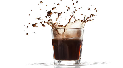 A glass of soda with ice cubes in it is splashing out of the glass. Concept of excitement and fun, as the soda is being poured out of the glass in a playful manner