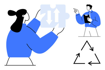 Woman holding puzzle piece with arrows, man holding clipboard pointing, tri-arrow cycle. Ideal for collaboration, teamwork, problem-solving, process flow, decision-making strategy efficiency. Flat