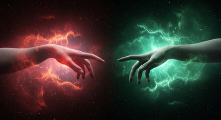 Naklejka premium A hand reaching out from a nebula to touch another 