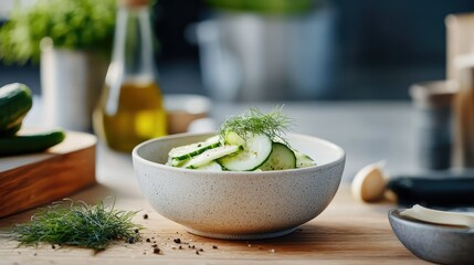Artistic shot of creamy cucumber salad in a ceramic bowl, with a scattering of extra dill and perhaps a drizzle of olive oil. Simple and flavorful vegetarian fare.