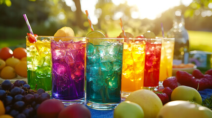 of rainbow-colored drinks on a table at a summer picnic, surrounded by vibrant fruit, creating a fun and refreshing atmosphere for guests 