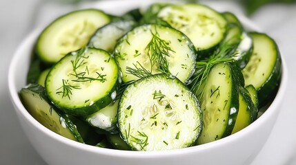 Brightly lit image of a bowl of creamy cucumber salad, highlighting the fresh green of the cucumbers and the white creamy texture with visible dill. Summer vegetarian food.