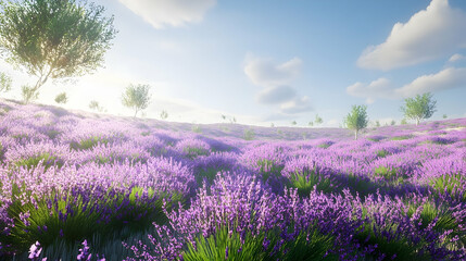 Fototapeta premium A sprawling lavender field bathed in golden sunlight.