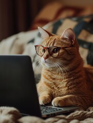 Ginger Cat Using Laptop Wearing Glasses